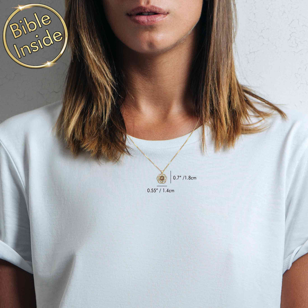 Gold necklace for Christian women featuring geometric Seed of Life pendant in gold