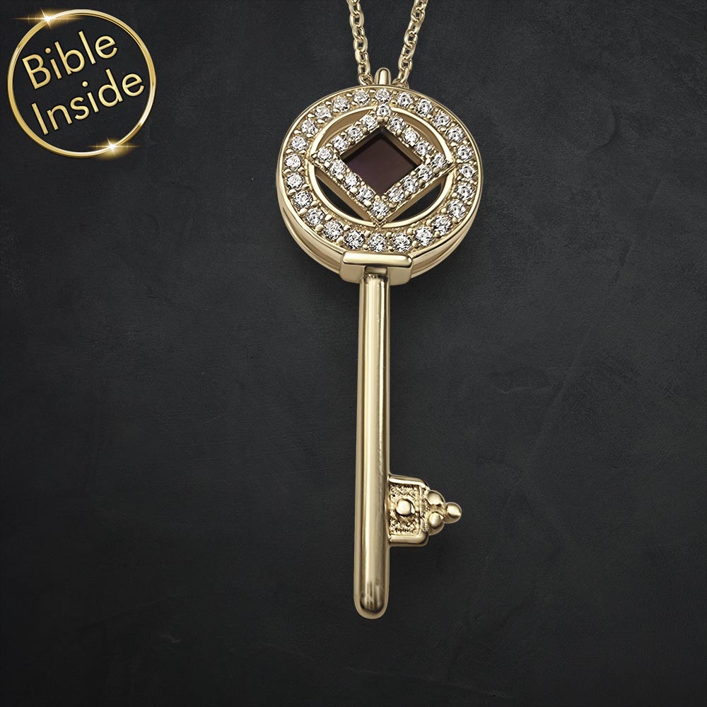 Christian gold necklace featuring Kingdom Key and micro Bible chip