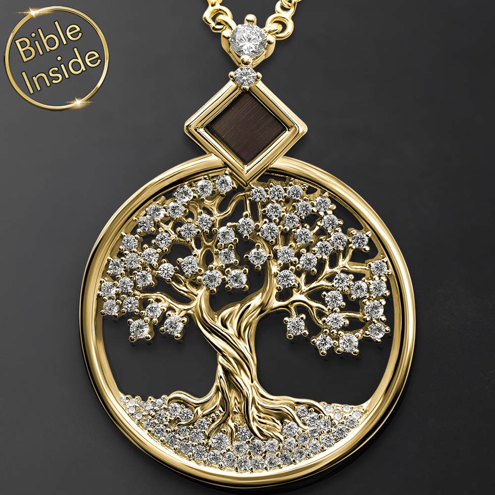 Gold necklace for Christian women – tree of life pendant with New Testament inside