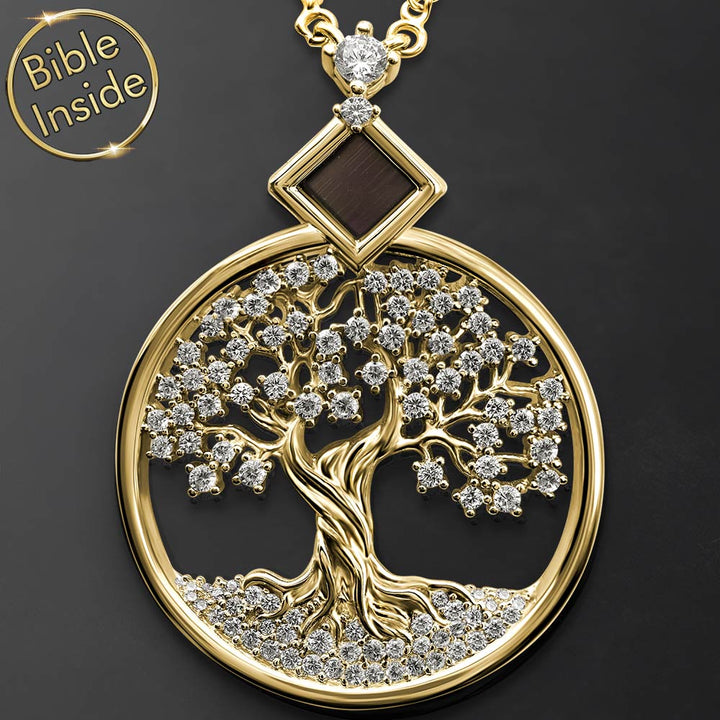 Gold necklace for Christian women – tree of life pendant with New Testament inside