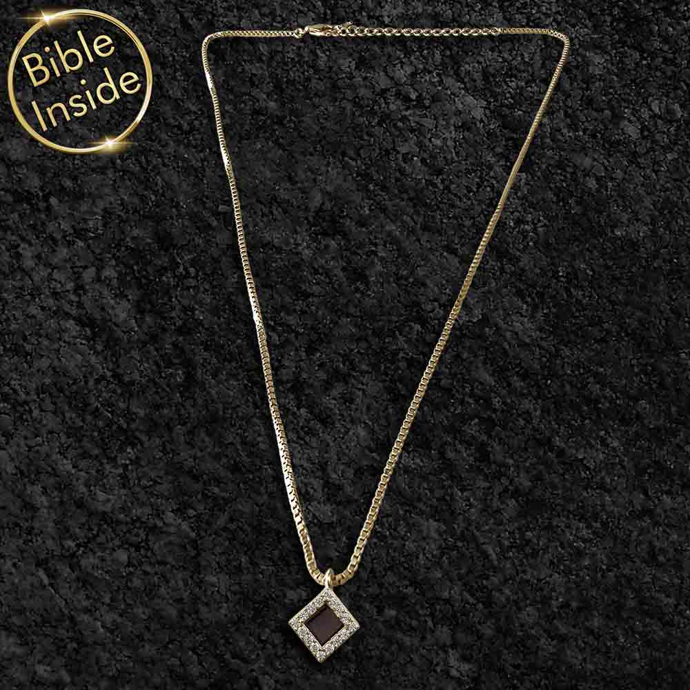 Christian gold pendant necklace for girls — rhombus design, Bible chip inside