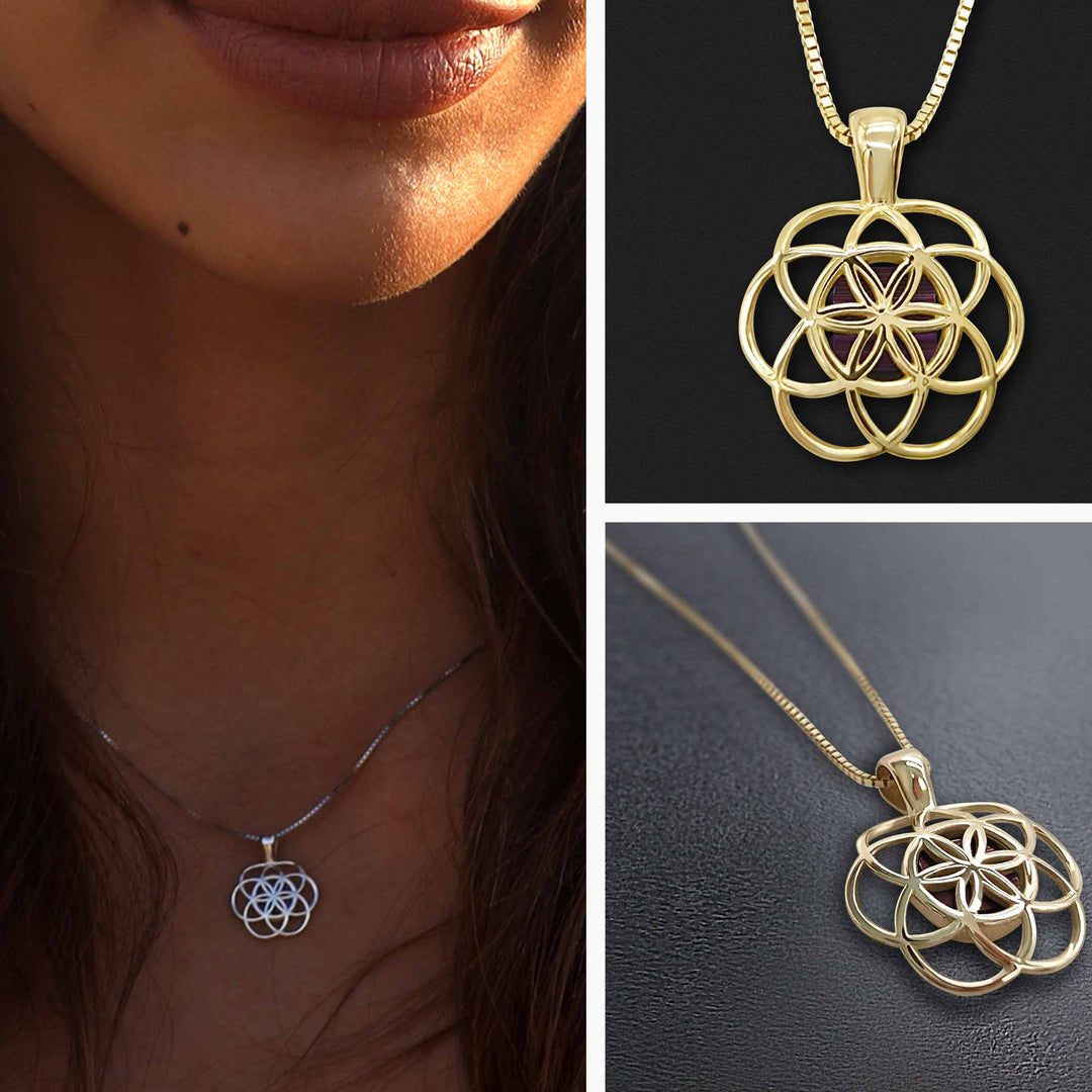 Gold necklace for Christian women – Seed of Life pendant with Nano Bible chip