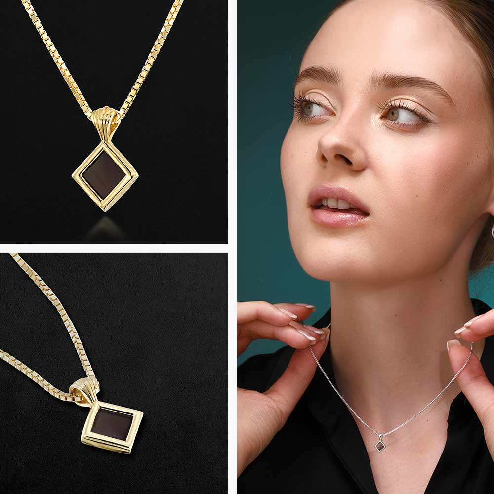 Gold necklace for Christian women – rhombus pendant with nano Bible chip inside