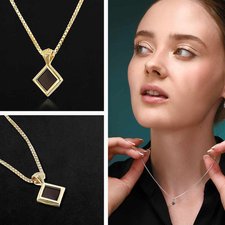 Gold necklace for Christian women – rhombus pendant with nano Bible chip inside