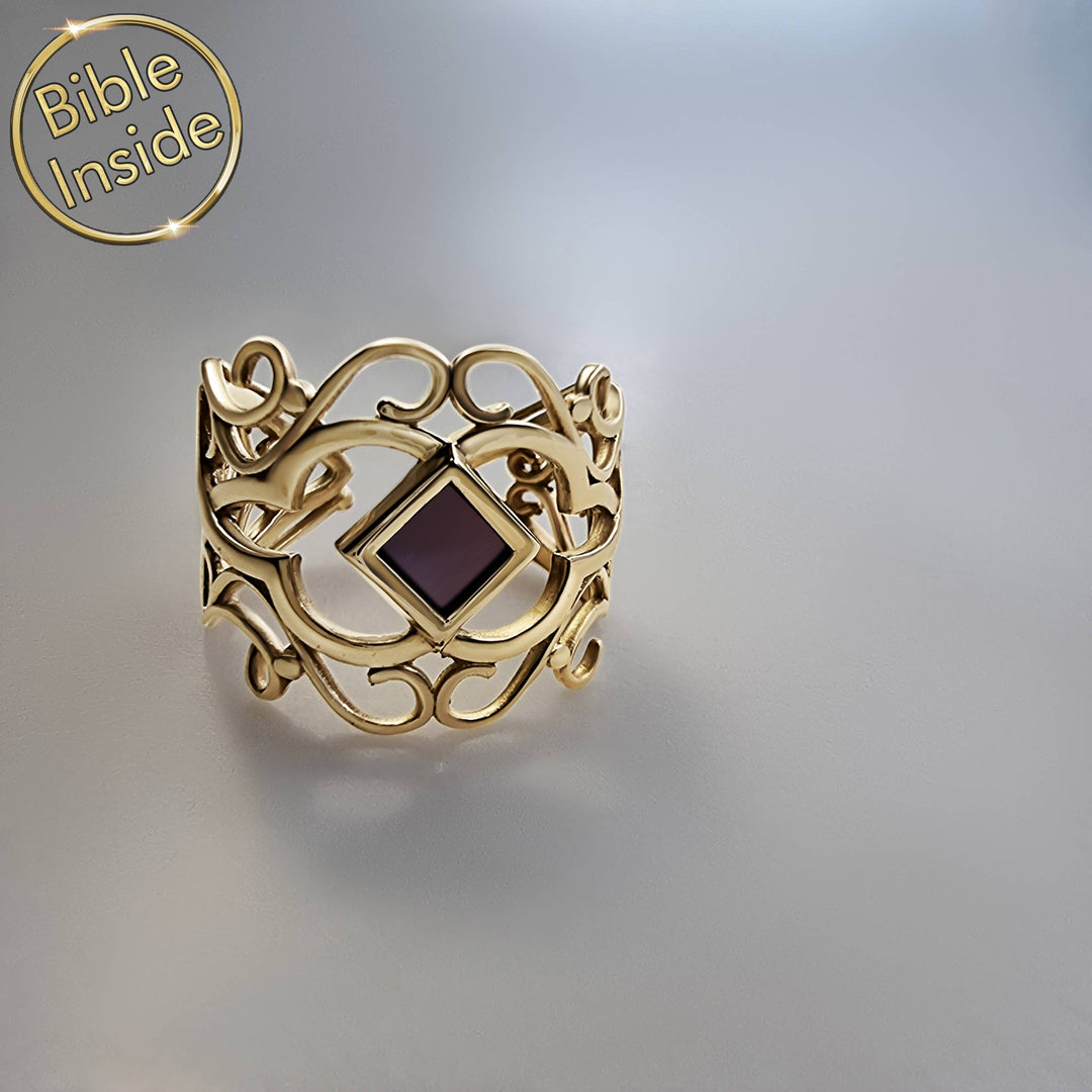 Gold religious ring for women featuring miniature Bible – Lili Ring by Shlama
