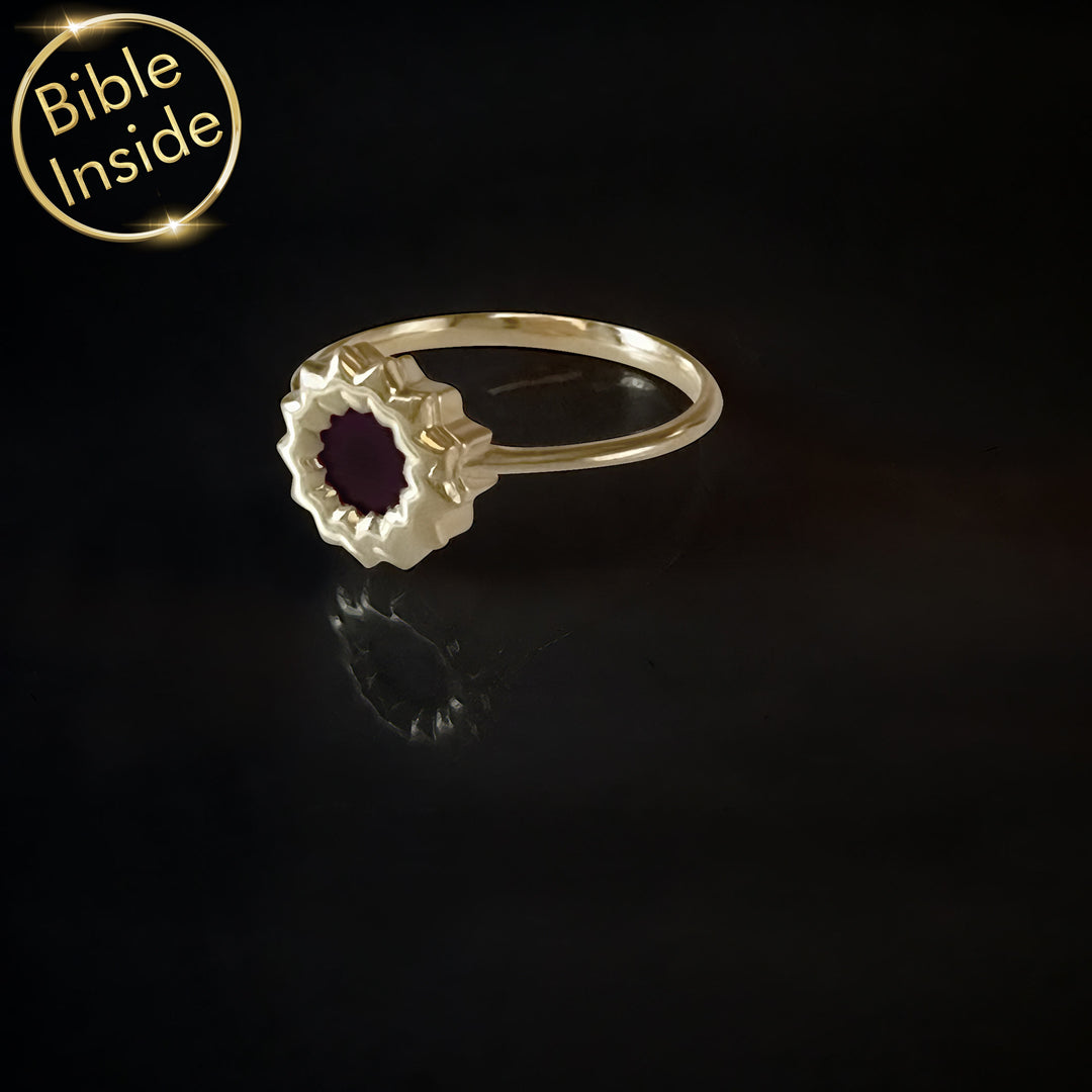 Women's ring for Valentine's day with flower charm and miniature Bible