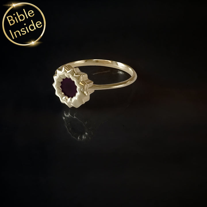 Women's ring for Valentine's day with flower charm and miniature Bible