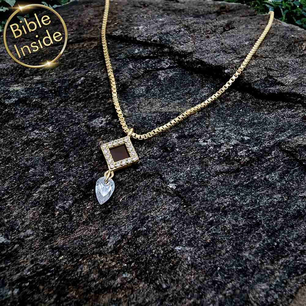 Women's religious necklace featuring Amazona symbol and micro Bible chip