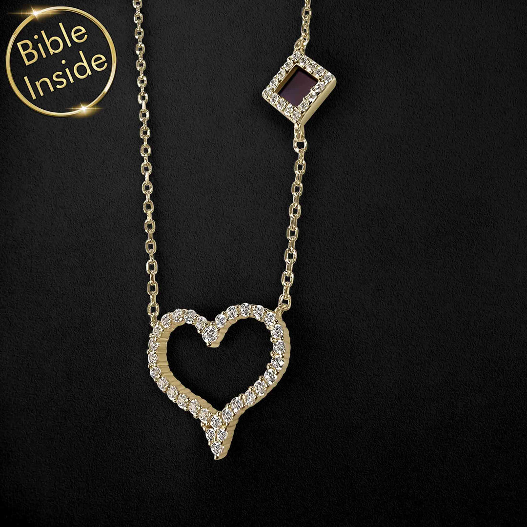 Gold heart necklace for girlfriend featuring New Testament scripture chip
