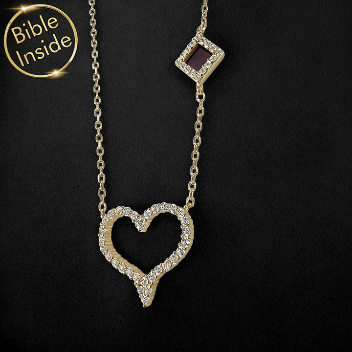 Gold heart necklace for girlfriend featuring New Testament scripture chip