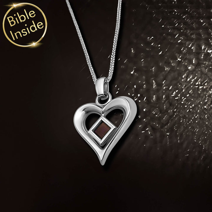 Heart necklace with nano Bible Testament engraved microscopic text – sophisticated faith jewelry for modern believers