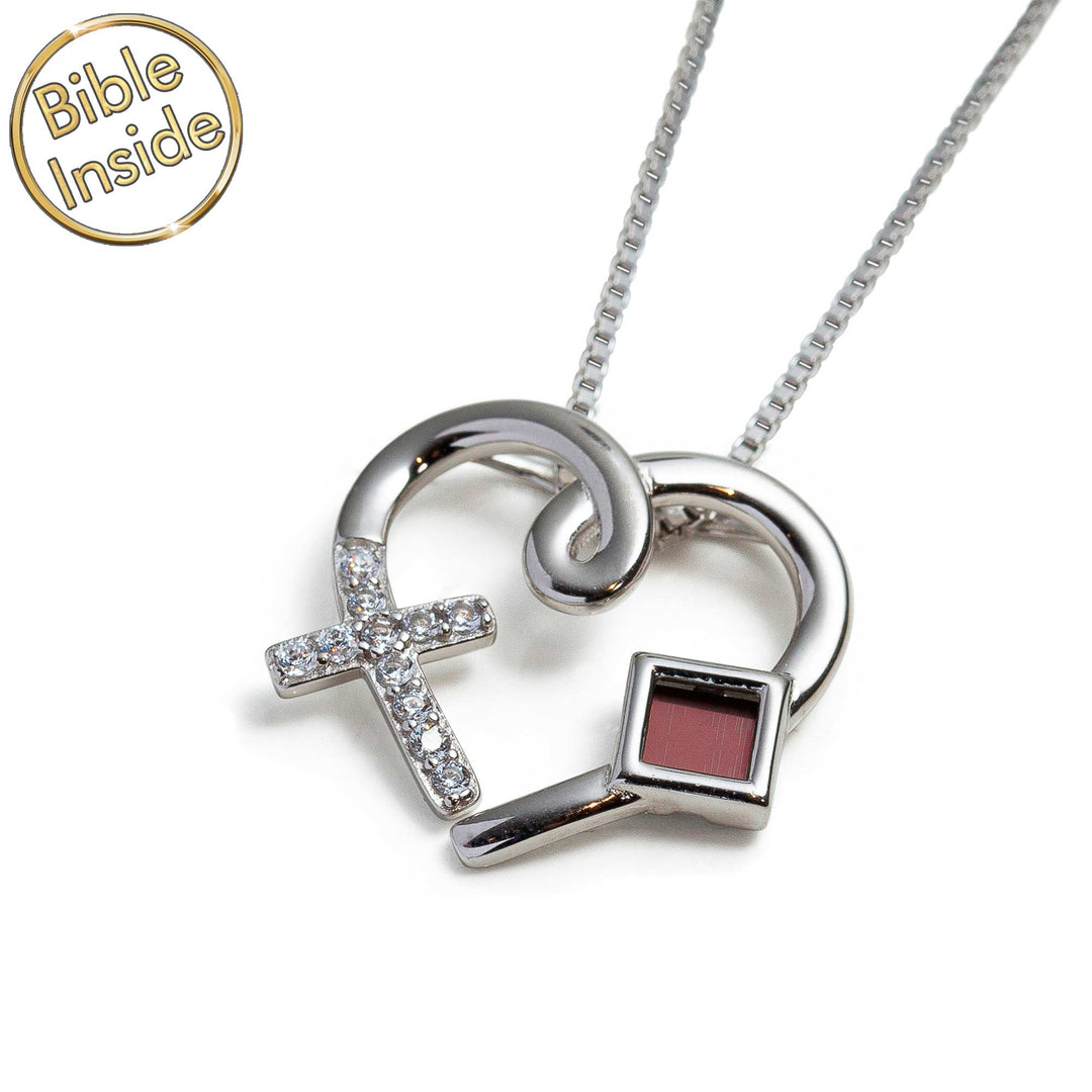 Silver heart necklace gift with hidden New Testament chip for her