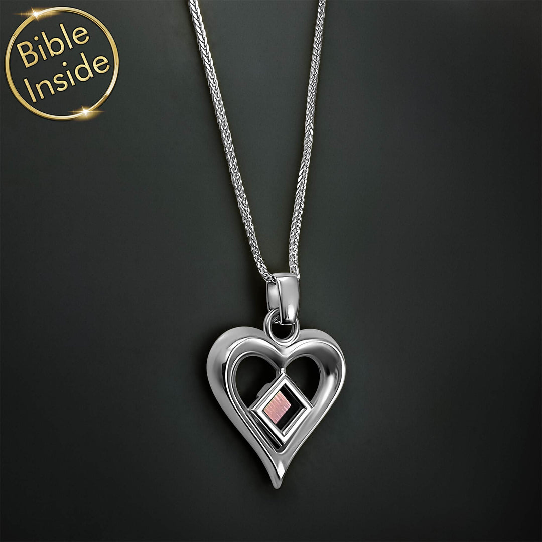 925 silver heart necklace with hidden Scripture chip
