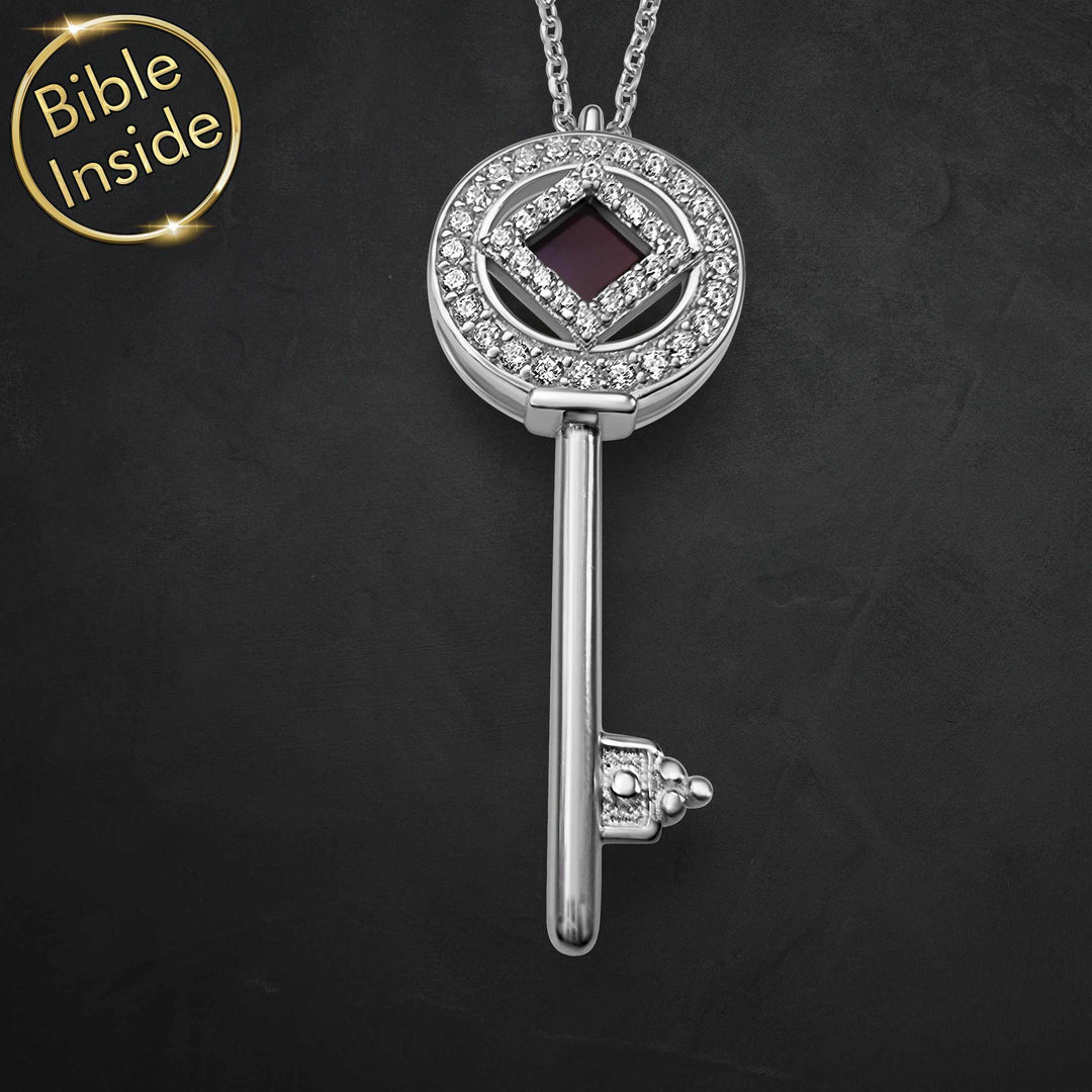 Idea for Valentine gift key necklace with miniature Bible for women