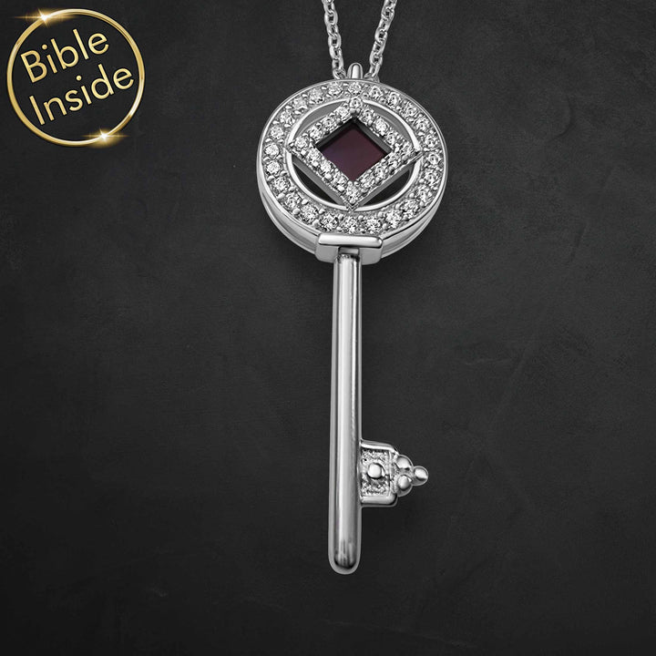 Idea for Valentine gift key necklace with miniature Bible for women
