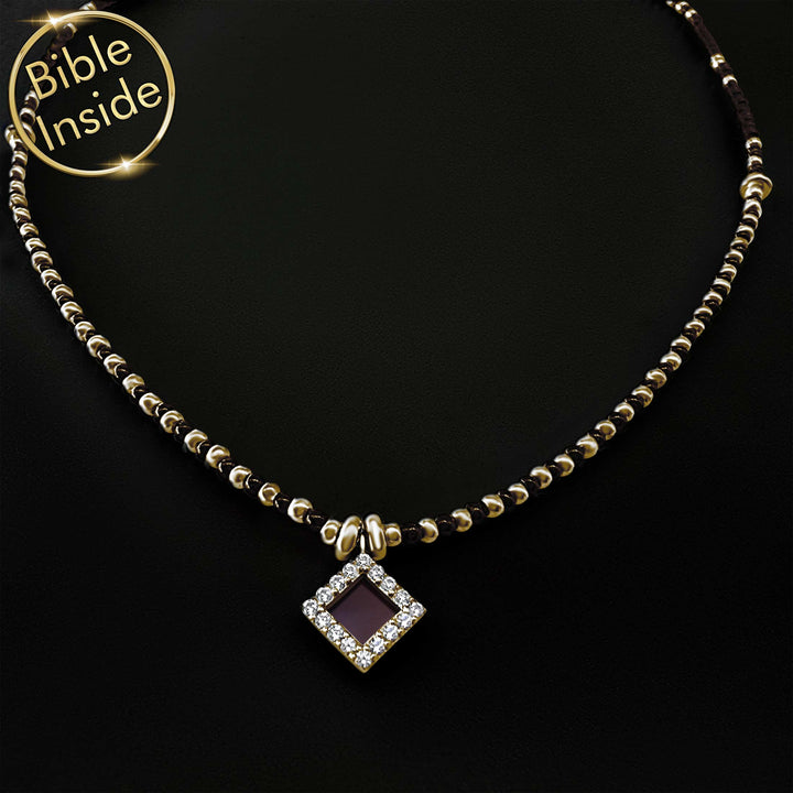 Best gift ideas for Valentine's day -looking black onyx Christian necklace with miniature Bible