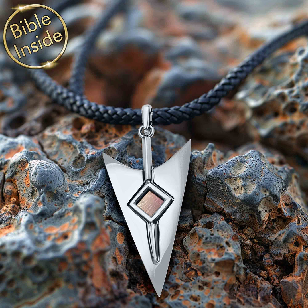 Valentine's day present idea for him — Christian arrow necklace with micro Bible