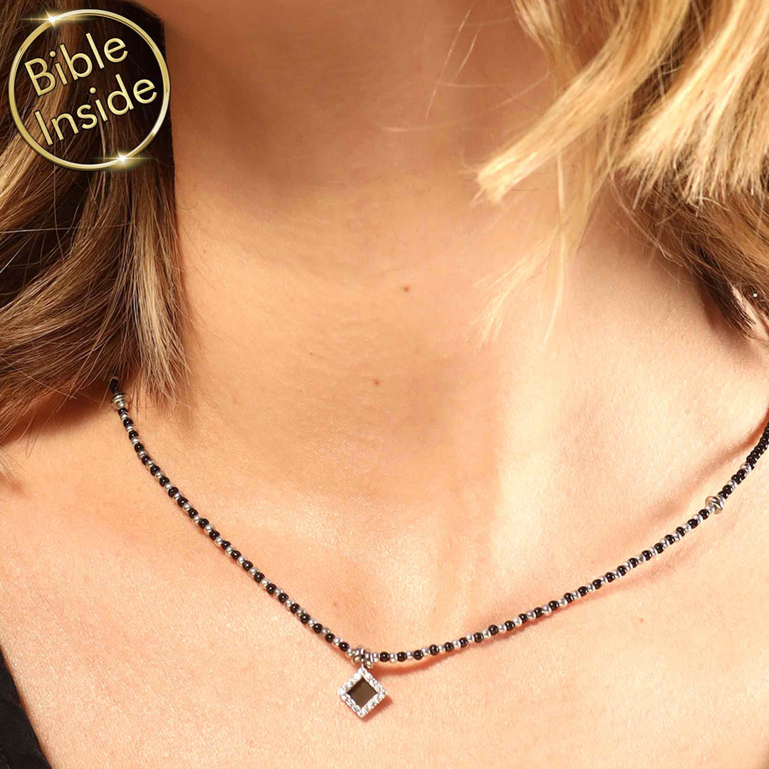 Best gift ideas for Valentine's day black onyx necklace with miniature Bible chip for women and girls