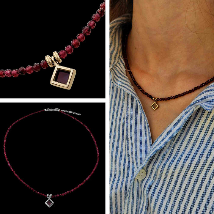 Jewelry for her rhombus necklace with nano Bible chip - elegant Christian gift with garnet