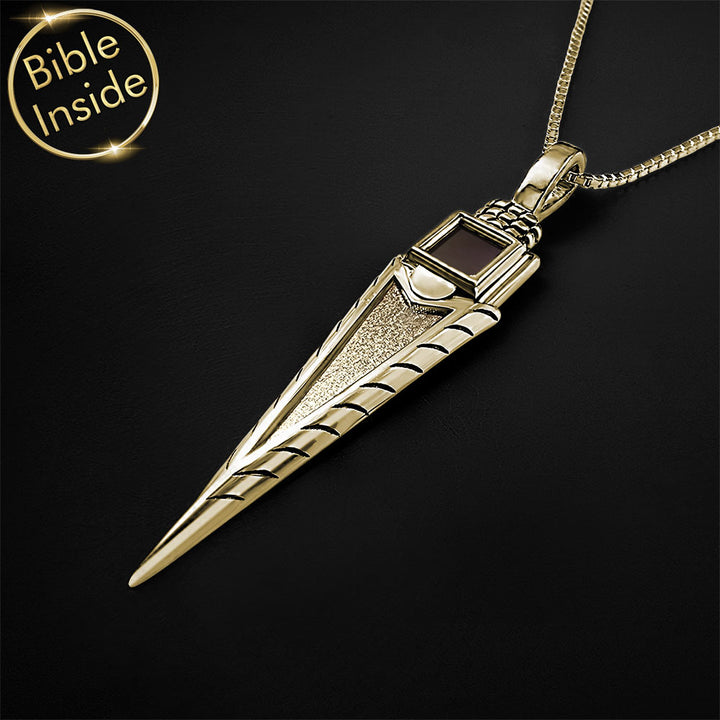 Male Christian jewelry with arrow symbol and Biblical text