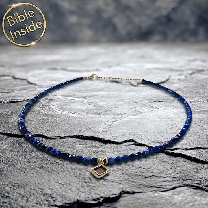 Women's pocket Bible necklace featuring nano chip and blue lapis