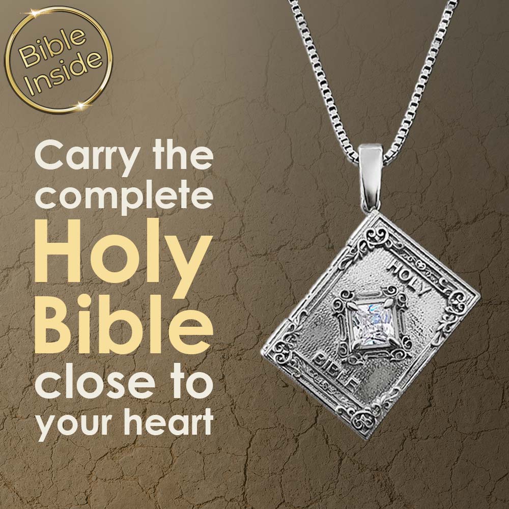 Silver miniature Bible necklace with nano chip – Shlama Jewelry