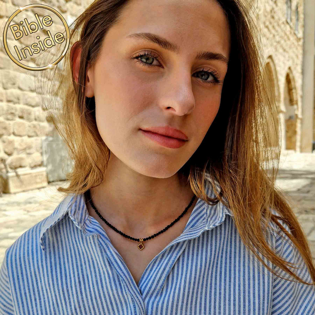 Gold finish miniature Bible necklace with geometric rhombus pendant