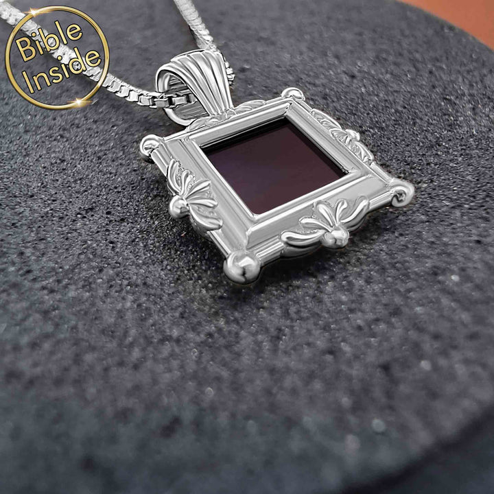 Mother's day necklace gift with miniature Bible and sleek square charm.