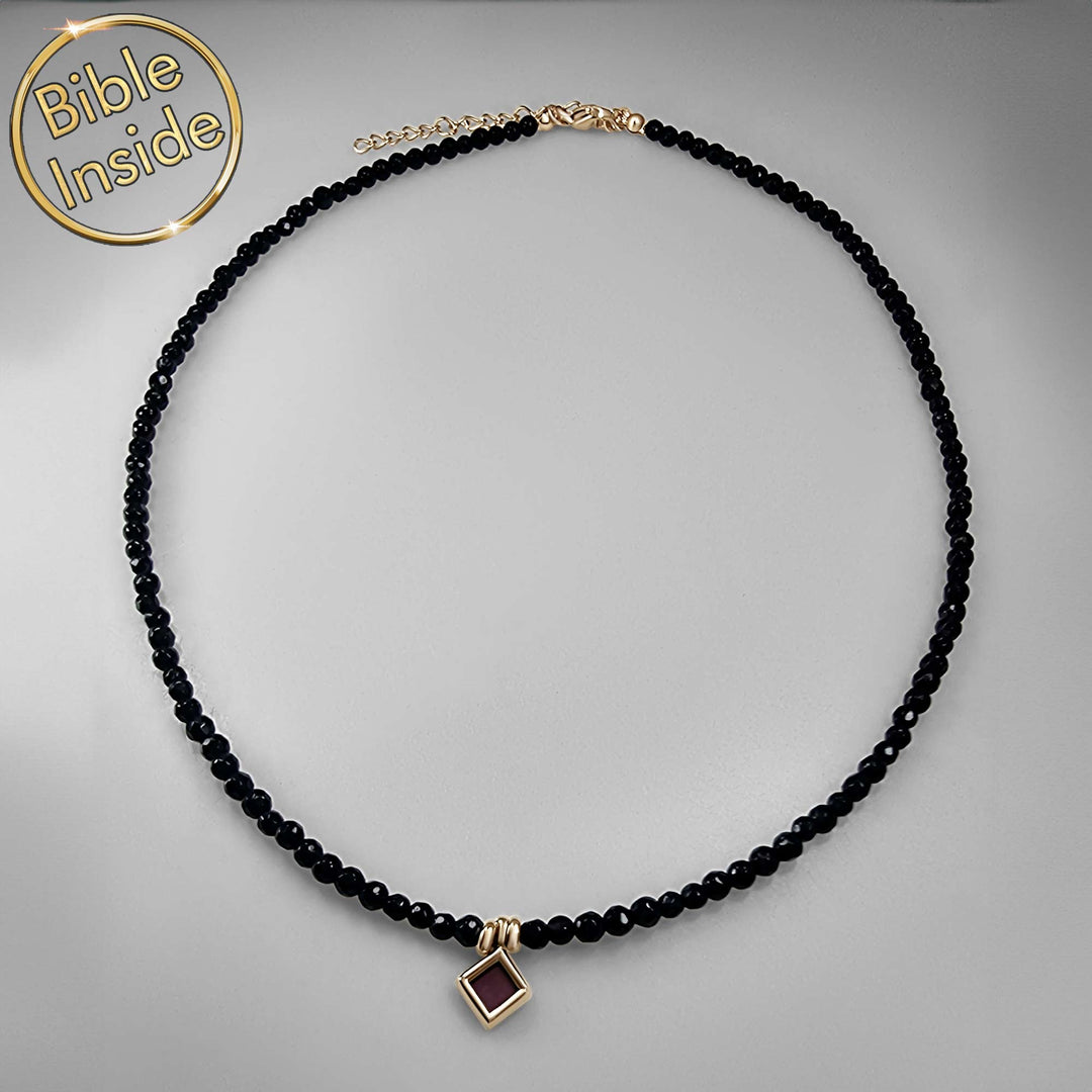 Mother's day jewelry pendant with New Testament nano Bible and onyx stone.