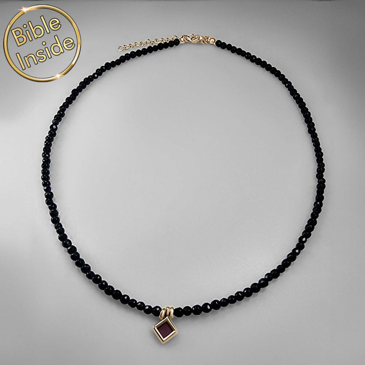 Mother's day jewelry pendant with New Testament nano Bible and onyx stone.
