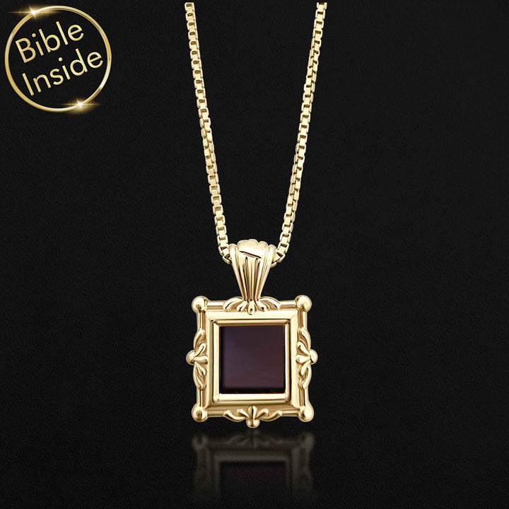 Minimalist Mother's day necklace gift with square micro Bible pendant.