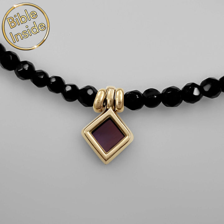 Mother's day jewelry fine necklace with Terra onyx and miniature Bible chip.