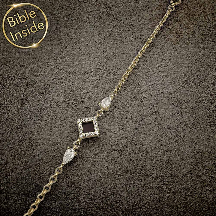 Mother's day jewelry bracelet featuring a geometric rhombus and Holy Bible chip