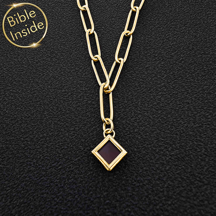 Mother's day jewelry gold rhombus necklace with nano Bible detail