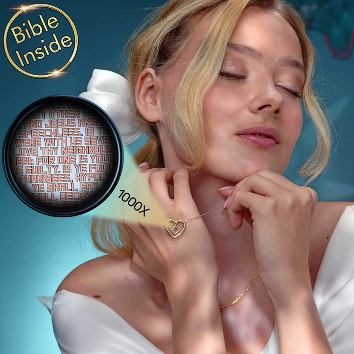 Biblical jewelry with microscopic Bible chip, elegant heart design for women