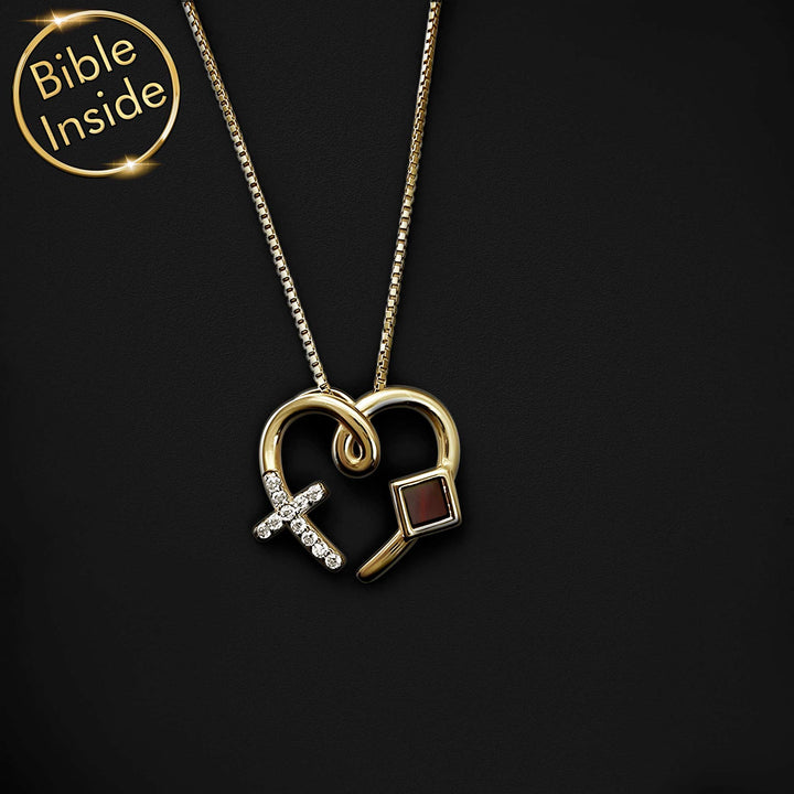 Christian Bible necklace with nano scripture technology in heart design