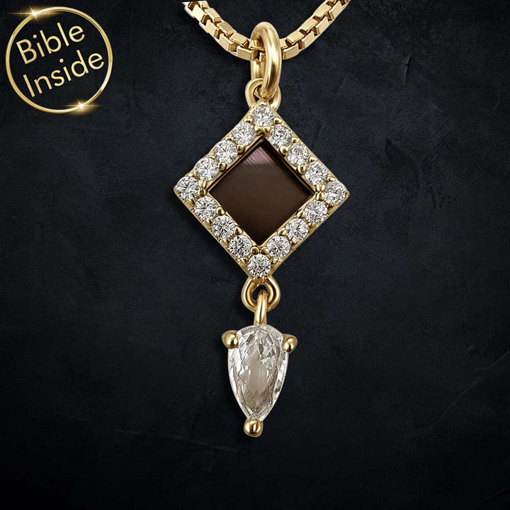 Christian jewelry featuring nano Bible in elegant rhombus design