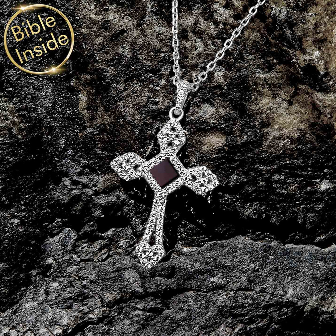 Ladies cross white gold necklace with miniature Bible inside — timeless faith jewelry