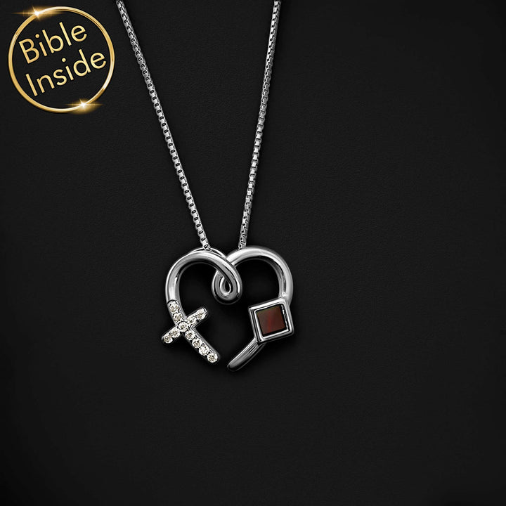 Silver heart necklace for women, polished pendant with CZ accents
