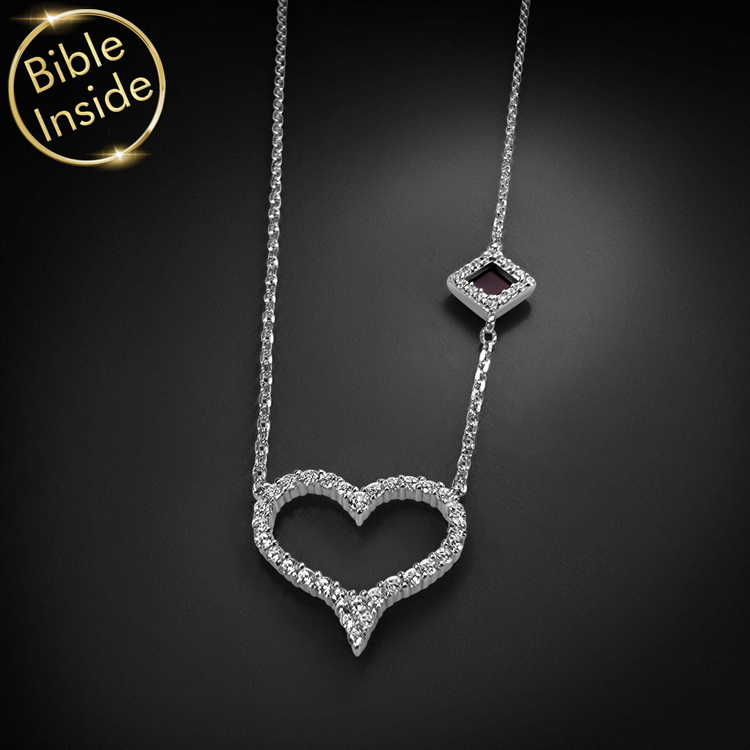 Women's 925 sterling silver heart necklace carrying the Holy Bible