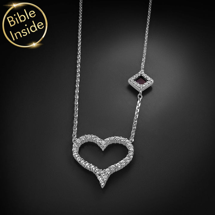Women's 925 sterling silver heart necklace carrying the Holy Bible