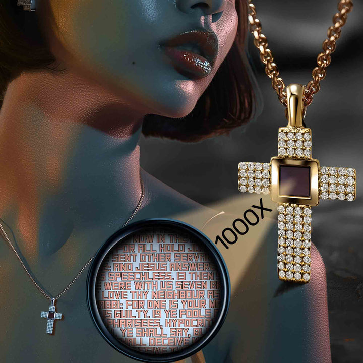 Christian cross necklace showcasing micro Bible for daily wear