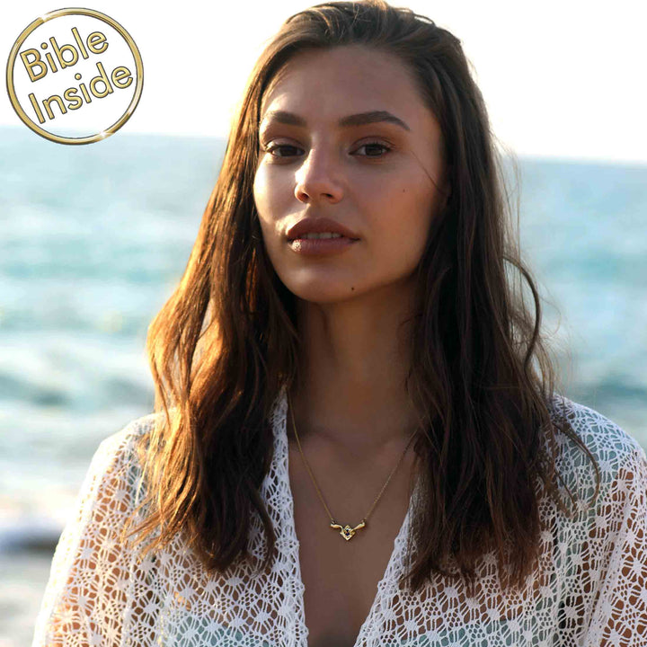 Bible necklace featuring Genesis symbol with microscopic scripture