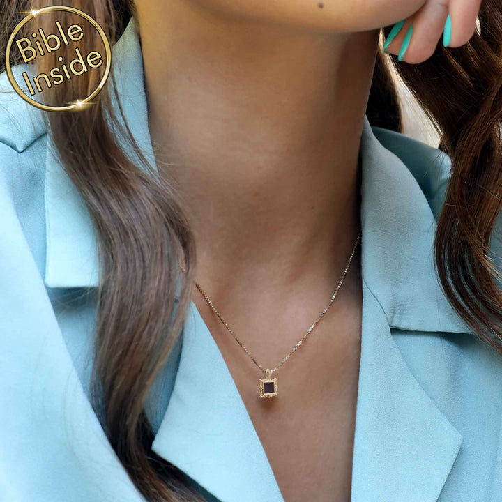 Women’s scripture necklace featuring microchip Bible