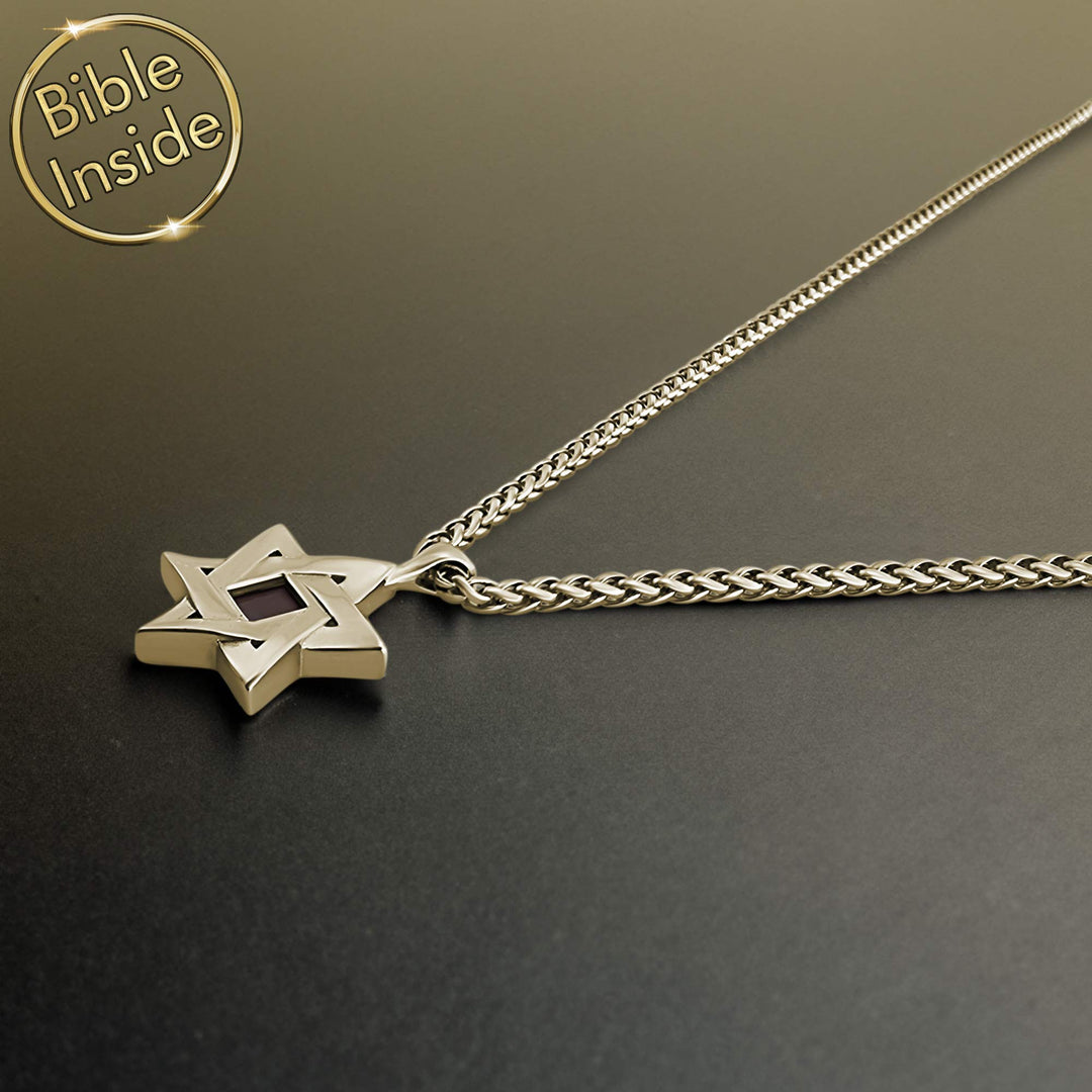 Scripture pendant featuring star design with New Testament inside