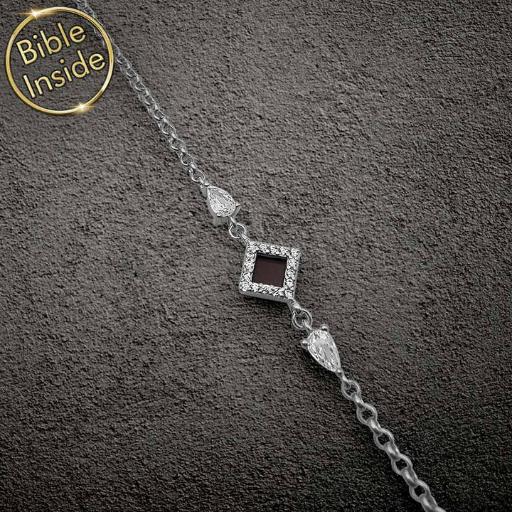 Unique valentine's gift for her – elegant rhombus pendant bracelet with miniature Bible