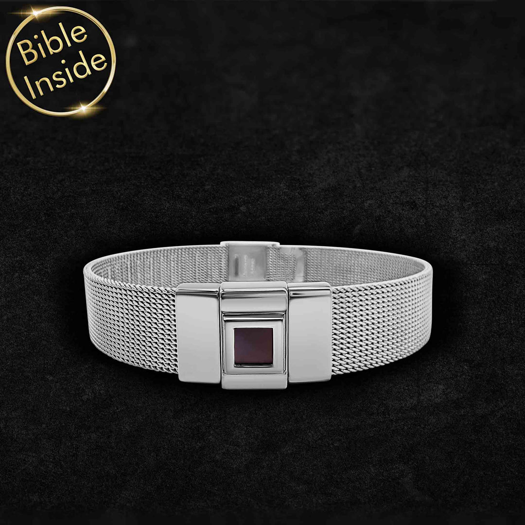 Christian bracelet Shlama Knox-3, silver stainless steel with Bible microchip