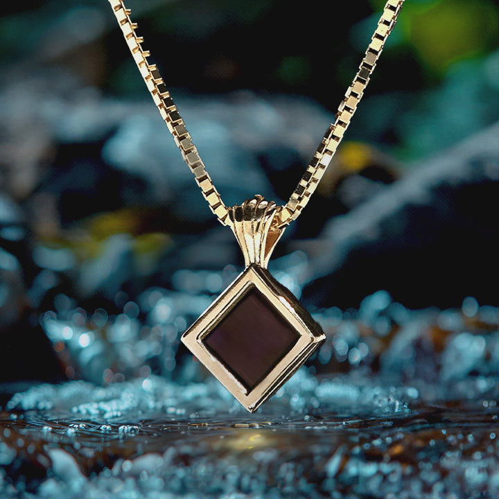 Minimalist women's Christian jewelry with nano Bible chip - rhombus garnet necklace