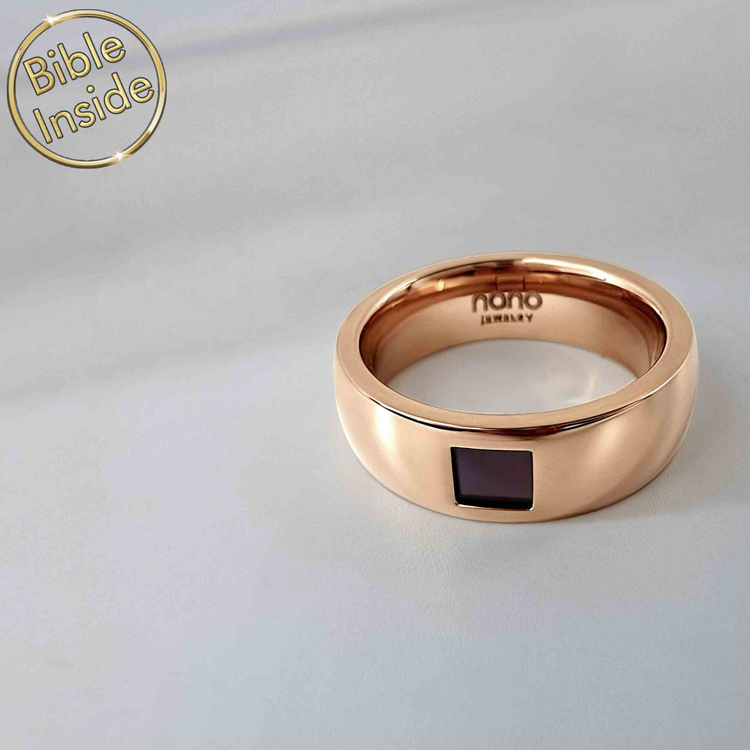 Valentine ring with miniature Bible chip – elegant stainless steel jewelry
