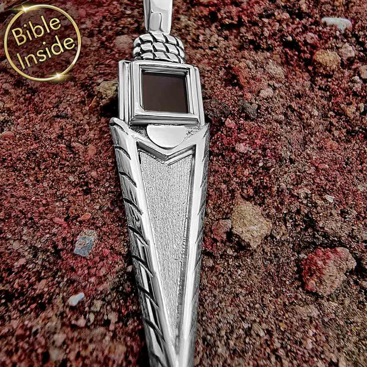 Mens religious necklaces featuring polished arrow and New Testament
